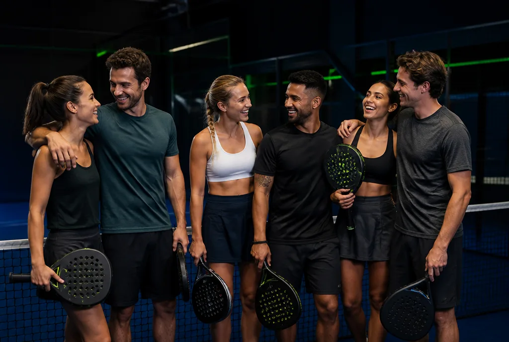 UK padel players celebrating together on court